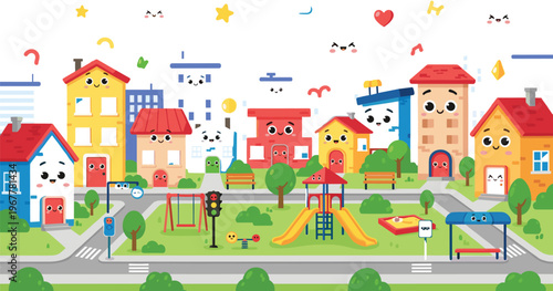Cute city neighborhood vector illustration with colorful houses playground park and urban landscape cartoon style isolated on white background