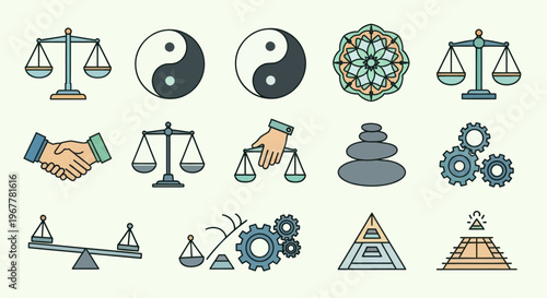 Balance and Harmony Icons: Scales, Yin Yang, Mandala, Handshake, Zen Stones, Gears, Pyramid