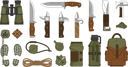 Camping survival equipment vector set with knives binoculars rope backpack and outdoor gear illustration isolated on white background
