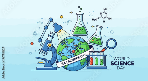 World Science Day Celebration: Microscope, Globe, Flasks, and DNA - Science Illustration