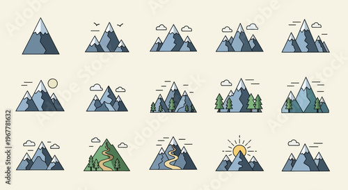 Mountain Landscape Icons Set - Flat Design, Vector Illustrations