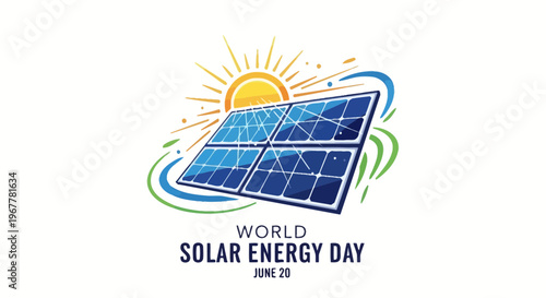 World Solar Energy Day June 20 graphic with solar panel and sun illustration