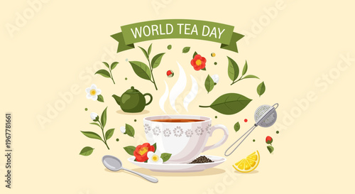 World Tea Day Celebration: Hot Tea Cup with Leaves and Flowers