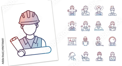 Construction Worker Icons: Architect, Engineer, Builder, Blueprint, Safety Helmet