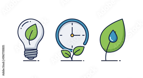 Eco-friendly icons: lightbulb with leaf, clock with plant, leaf with water drop