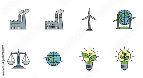 Eco-friendly Icons: Wind Turbine, Factory, Globe, Lightbulb, Scales of Justice