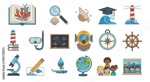 Marine Biology Education Icons: Sea Life, Science, Exploration, and Learning