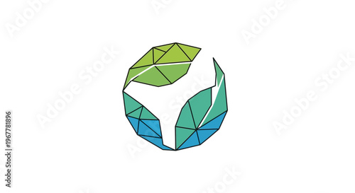 Abstract geometric logo design, 3d origami sphere, green and blue gradient, clean white background