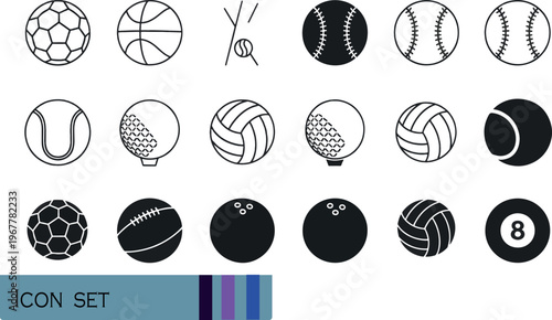 Print Sports Balls and Equipment Line Icon Set