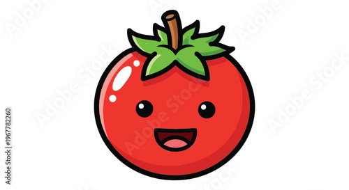 A cheerful red tomato with a smiling face and leafy stem is brightly illustrated silhouette high quality professional detailed modern elegant