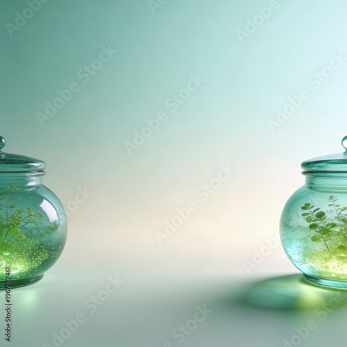 Photosynthetic bioglass storage tank with green transparent active material background