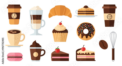 A colorful collection of coffee drinks pastries cakes and desserts presented in a flat design silhouette high quality professional detailed modern