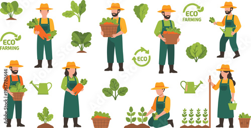 Eco farming vector set with organic farmers planting vegetables sustainable agriculture and green lifestyle illustration isolated on white background
