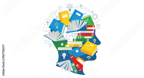 An artistic depiction of a head formed from books and learning icons embodying knowledge and intellect silhouette high quality professional detailed