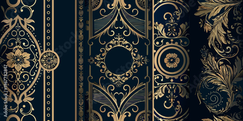 Bild auf Leinwand Elegant gold ornamental patterns on a dark navy background