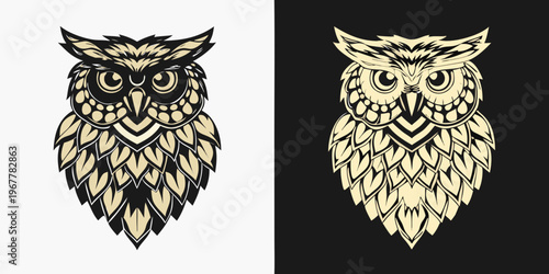 Two stylized owl portraits presented in contrasting black and white palettes