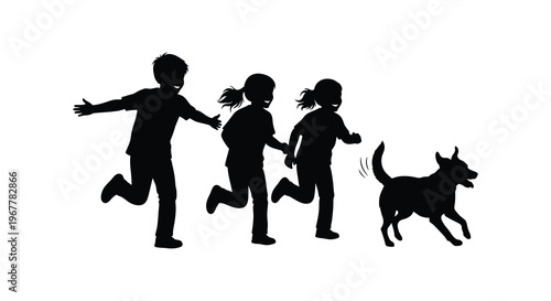 A group of children and a dog joyfully running across a white background captured in striking silhouette high quality professional detailed