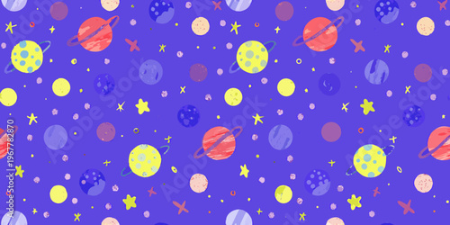 Colorful planets and stars scattered across a vibrant purple background