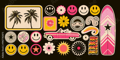 Retro sticker collection featuring surfboards cars and playful smiley faces