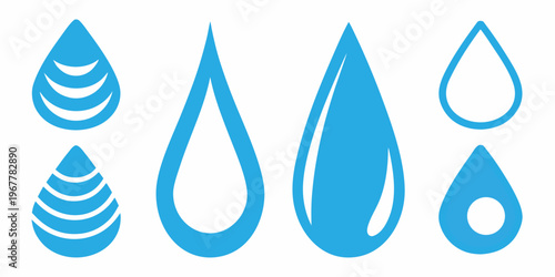 Abstract blue water droplets in varying shapes and sizes