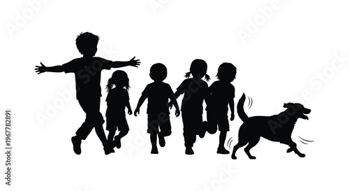 A group of children and a dog joyfully running and playing together captured in a dark silhouette high quality professional detailed