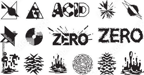 Acid bitmap creative vector pack featuring geometric shapes, Y2K inspired elements, halftone textures, experimental lettering and abstract pixel figures. Tribal motifs and liquid human forms in monoch