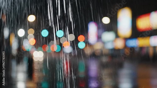 Rain streaks down a window at night, blurring the colorful lights of a city street into bokeh