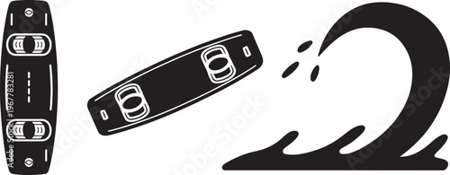 Kitesurfing Board and Ocean Wave Icon Set for Extreme Water Sports and Marine Activity Design