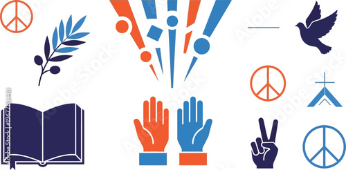 Peace and spirituality icons including olive branches, open books, and hand gestures offer a diverse range of graphic assets for humanitarian themes.