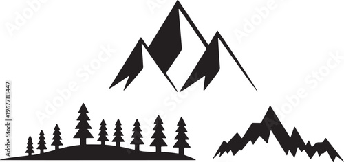 Minimalist Vector Illustration of Mountain Ranges and Evergreen Forest Silhouette Landscape Ico