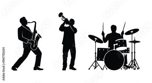 A striking black silhouette depicts a jazz trio performing with a saxophone trumpet and drum set silhouette high quality professional detailed