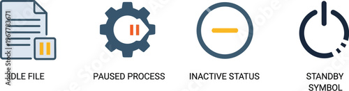 A collection of four distinct digital icons visually represents various states of system activity, including idle files, paused processes, inactive status, and a standby symbol, useful for user.