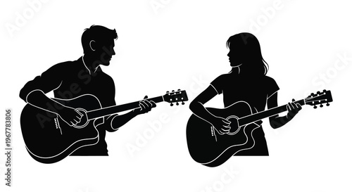 A couple plays acoustic guitars facing each other depicted in a striking black and white silhouette high quality professional detailed modern