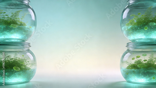 Photosynthetic bioglass storage tank with green transparent active material background