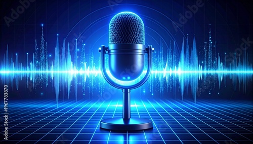 A microphone glowing vibrantly in a digital soundscape, illustrating sound waves and audio recording