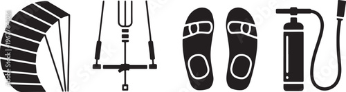Set of Paragliding Equipment Icons Including Wing Canopy Risers Footwear and Air Inflation Pump