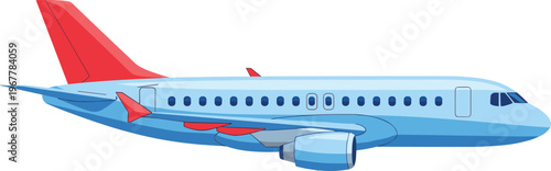Commercial passenger airplane flying in the sky, blue jet airliner with red tail and engine, vector illustration of modern aviation transport for travel.