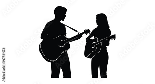 A couple plays acoustic guitars facing each other captured in a striking black silhouette high quality professional detailed modern elegant stylish