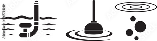 Set of Simple Flat Vector Icons Illustrating Snorkeling Equipment and Various Water Ripples