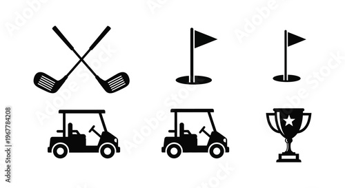 A collection of golf equipment icons including clubs a cart a flag and a trophy in silhouette high quality professional detailed