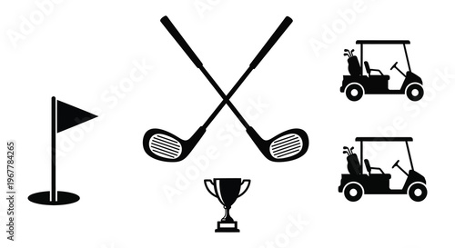 A collection of golf equipment including clubs a flag a trophy and carts in silhouette high quality professional detailed modern elegant