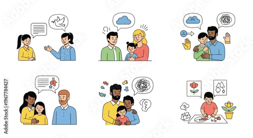Illustrations depict diverse people engaging in communication problem solving and nurturing interactions a flat vector silhouette high quality professional detailed modern elegant