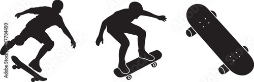 Set of Three Skateboarder Silhouettes Performing Various Action Tricks in Minimalist Vector Sty