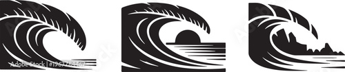Set of Three Stylized Ocean Wave Illustrations with Curving Crests and Flowing Water Movement