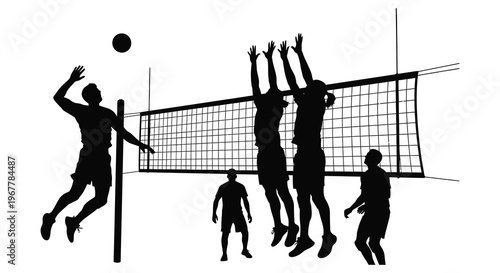 A dynamic volleyball game is captured in black showcasing players jumping and reaching for the ball silhouette high quality professional