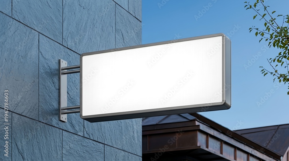 Fototapeta premium A clean, modern, blank white rectangular outdoor advertising signboard mockup with a sleek grey frame awaits custom business branding.
