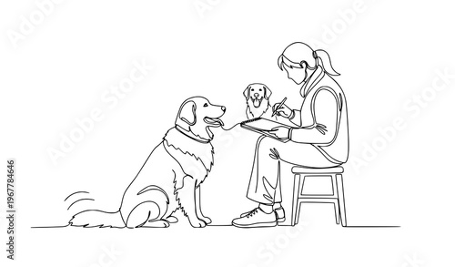 Street artist drawing big dog freehand sketch line art vector illustration isolated on white background