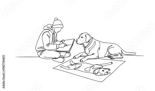 Freehand street artist sketching big dog line art vector illustration isolated on white background