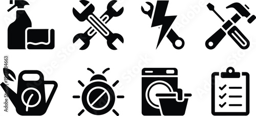 A collection of black silhouette icons representing various household tools and repairs high-quality professional detailed
