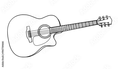 Hand drawn acoustic guitar sketch line art vector illustration isolated on white background